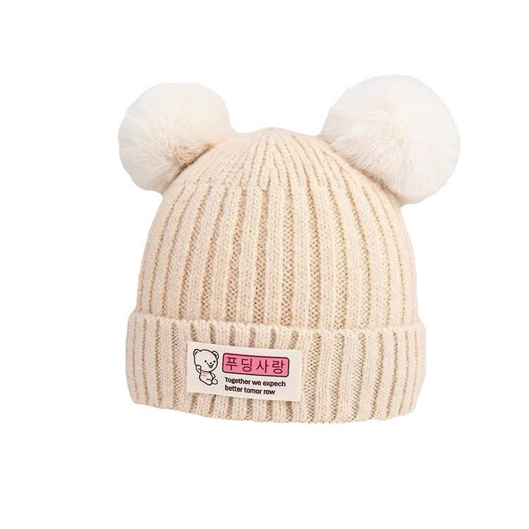 Double Ball Cap for Toddler Babies, Cute Little Bear Knitted Ear Muffs Cap MZL-218